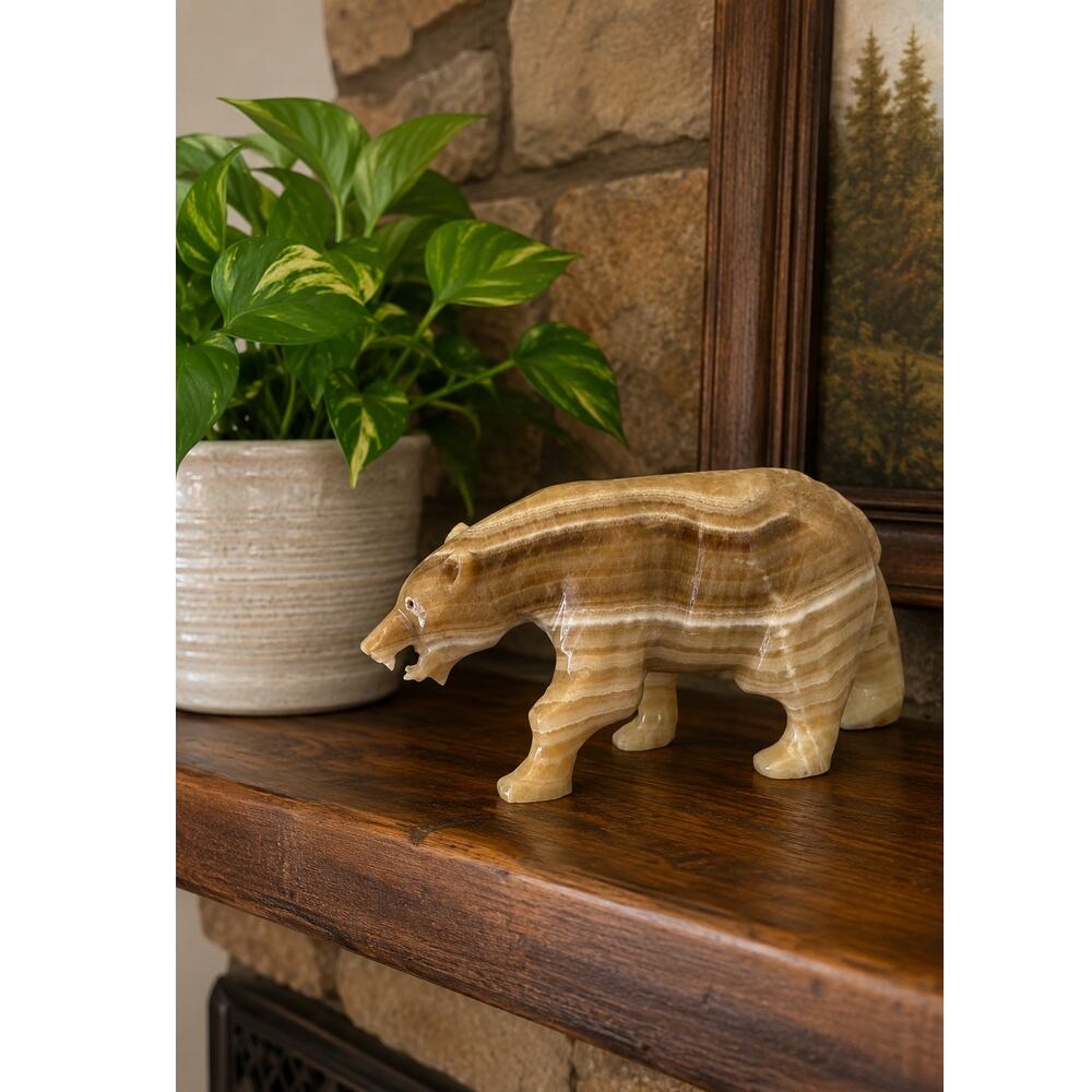 Hand Carved Brown White Solid Onyx Stone Bear Sculpture Polished  5.3lbs